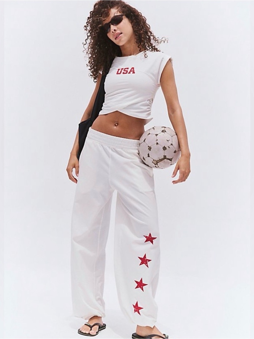 Free People White Wide-Leg Track Pants with Red Star Accents